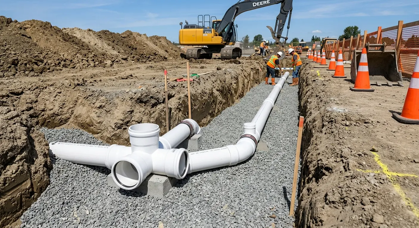 New PVC sewer pipe installation in open trench for Sewer Backup in Scotts Valley